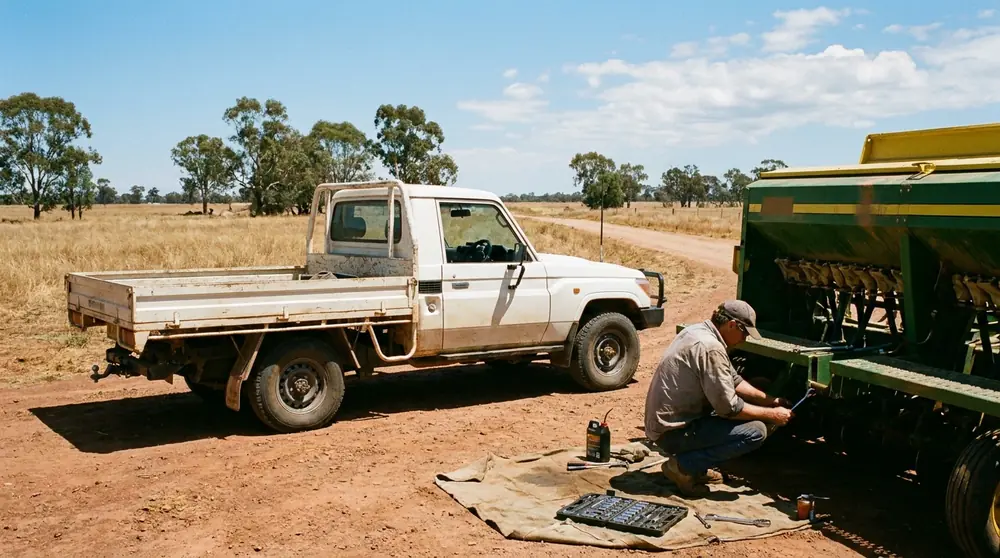 Mechanic servicing agricultural machinery beside a white ute on a regional NSW property.