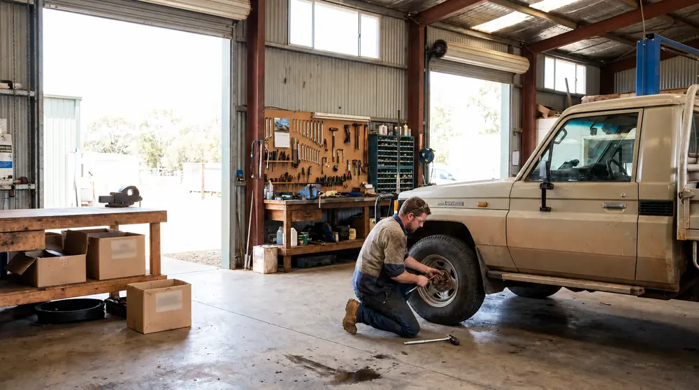 Mechanic working beside a vehicle inside a practical regional Australian mechanical workshop.