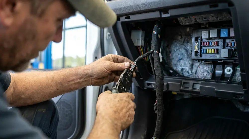 Close-up of a mechanic repairing wiring beside an interior vehicle fuse panel.