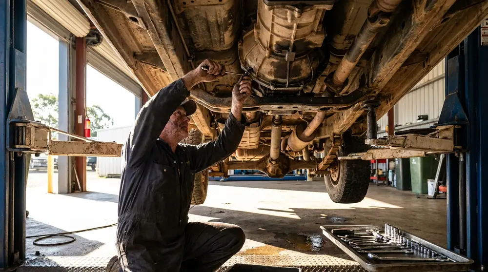 Mechanic inspecting transmission and driveline components beneath a raised vehicle.