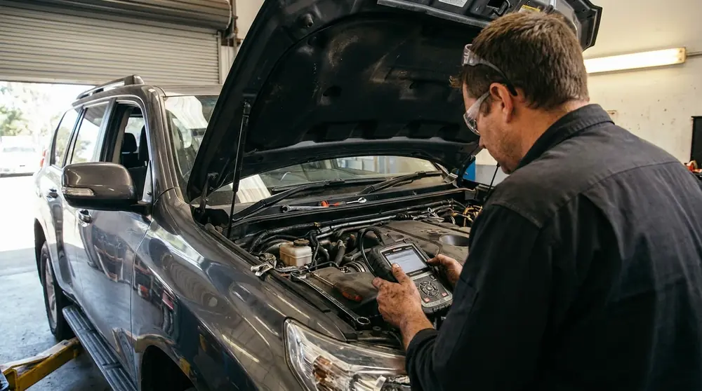 Mechanic using a diagnostic scanner in the open engine bay of a vehicle inside a workshop.
