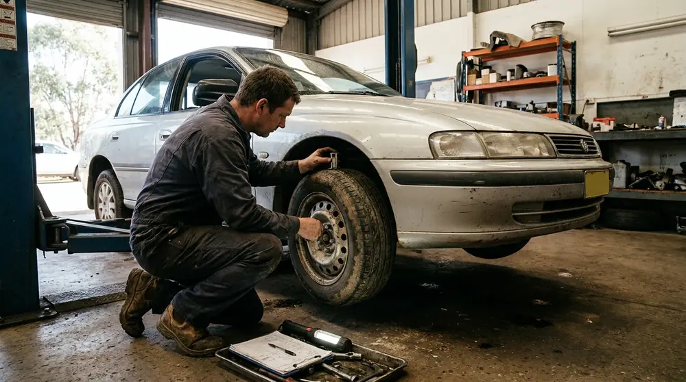 Mechanic checking the front wheel and tyre of a passenger car during a workshop inspection.