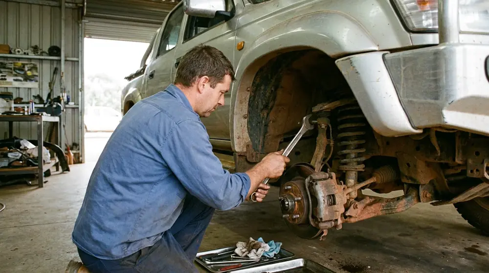 Mechanic inspecting the exposed front suspension of a lifted ute with the wheel removed.