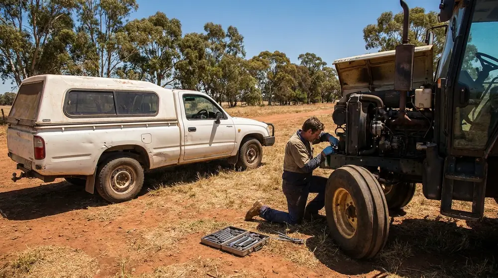 Mobile mechanic servicing farm machinery beside a white ute on a dry rural property.
