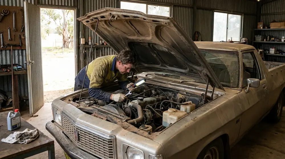 Mechanic carrying out a scheduled service inspection under the bonnet of a vehicle.