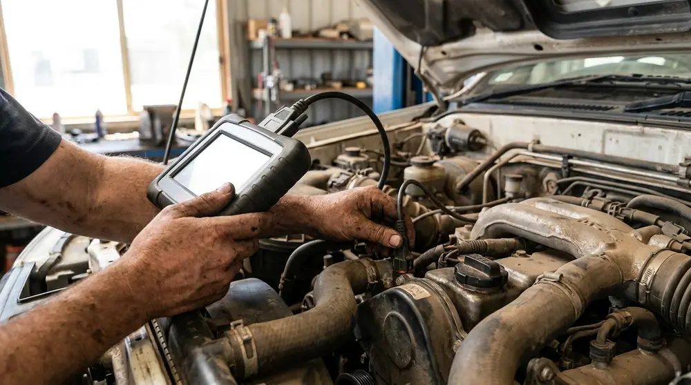 Close-up of a mechanic using a diagnostic scan tool over an open engine bay.