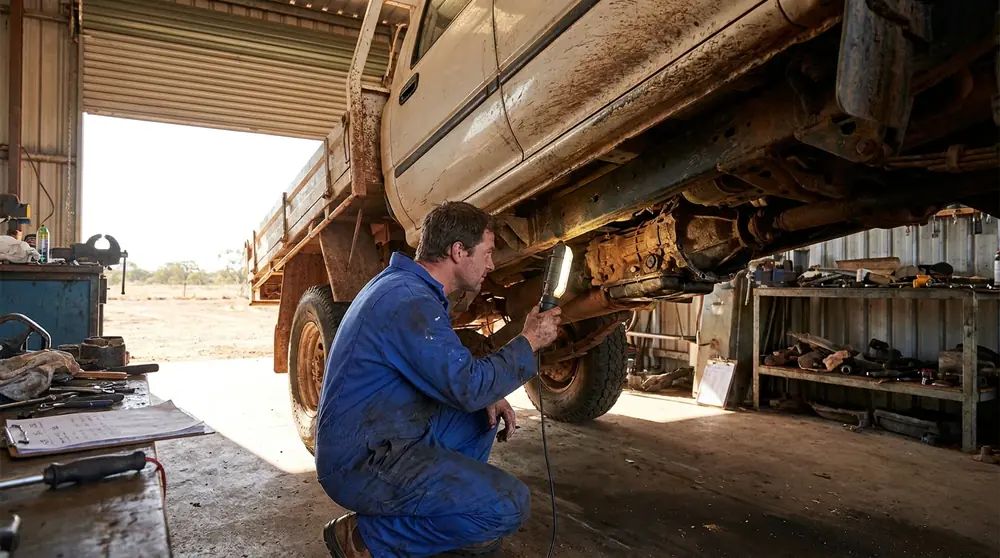 Mechanic inspecting the underbody of a raised vehicle with an inspection light.