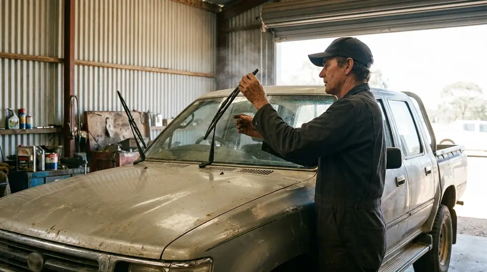 Mechanic inspecting a raised windscreen wiper blade on an older ute.