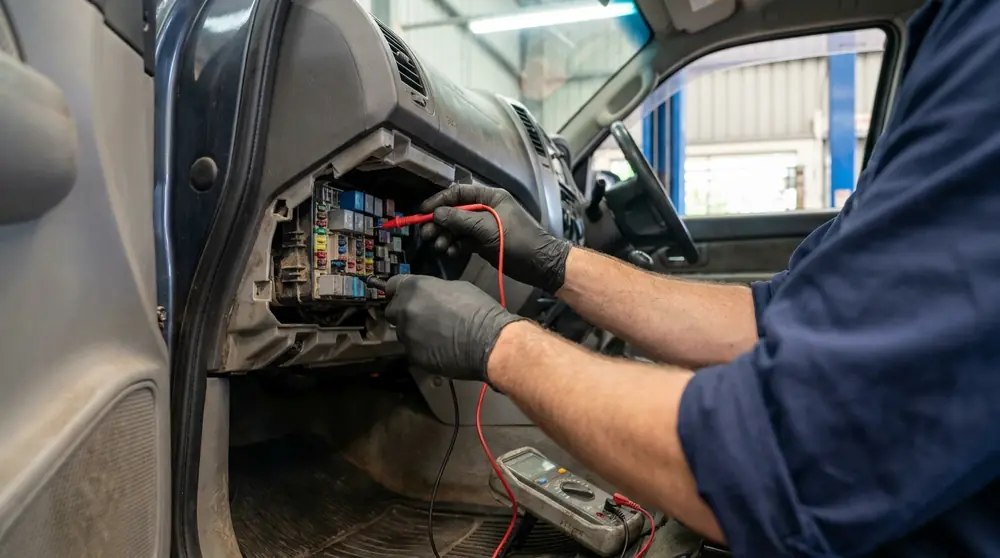 Technician testing vehicle wiring at an interior fuse box with diagnostic probes.