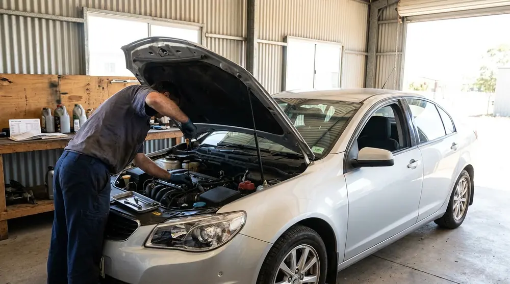 Mechanic carrying out routine logbook servicing under the open bonnet of a vehicle in a regional workshop.