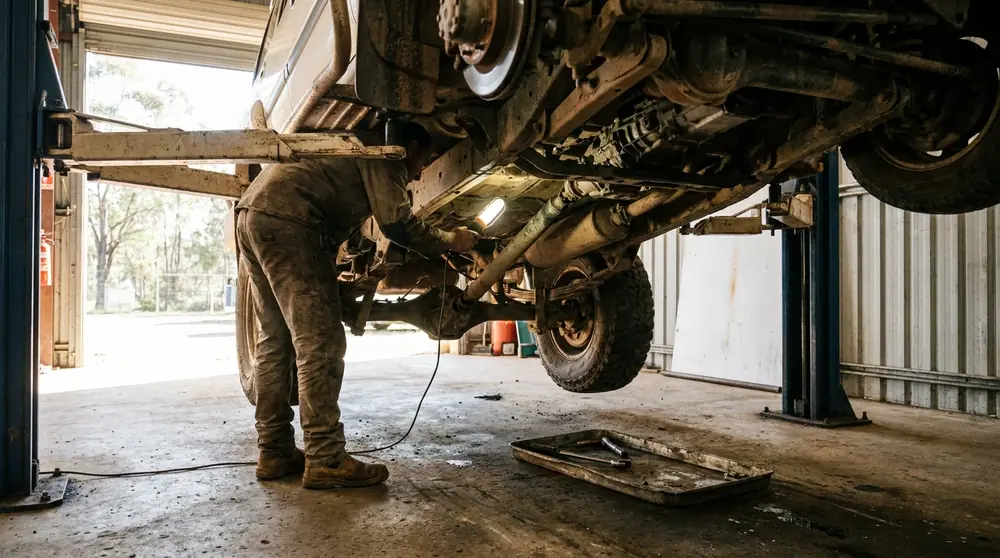 Mechanic inspecting driveline and underbody components beneath a vehicle on a hoist.