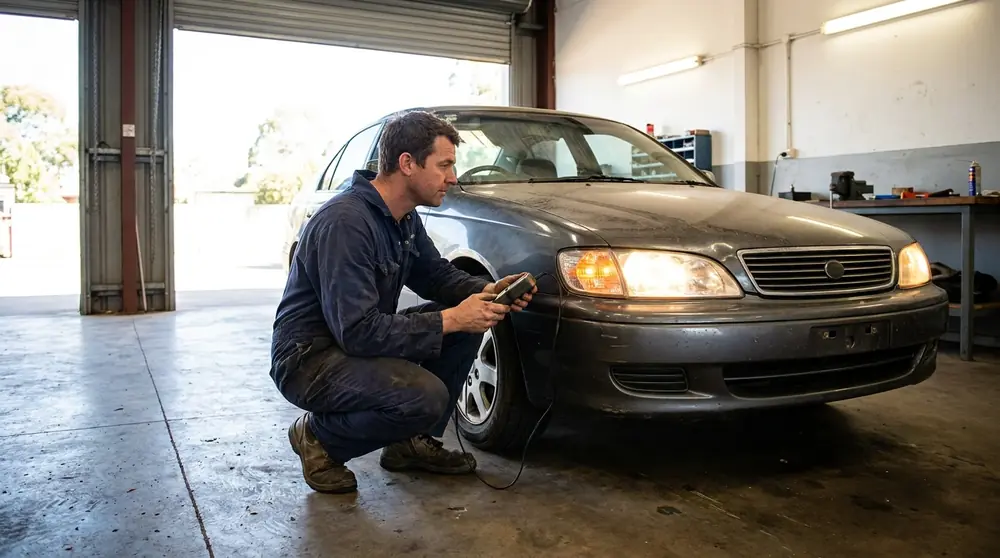 Mechanic crouched beside a passenger car while checking its illuminated headlight.