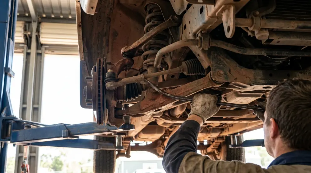 Mechanic inspecting suspension and steering components beneath a vehicle on a hoist.
