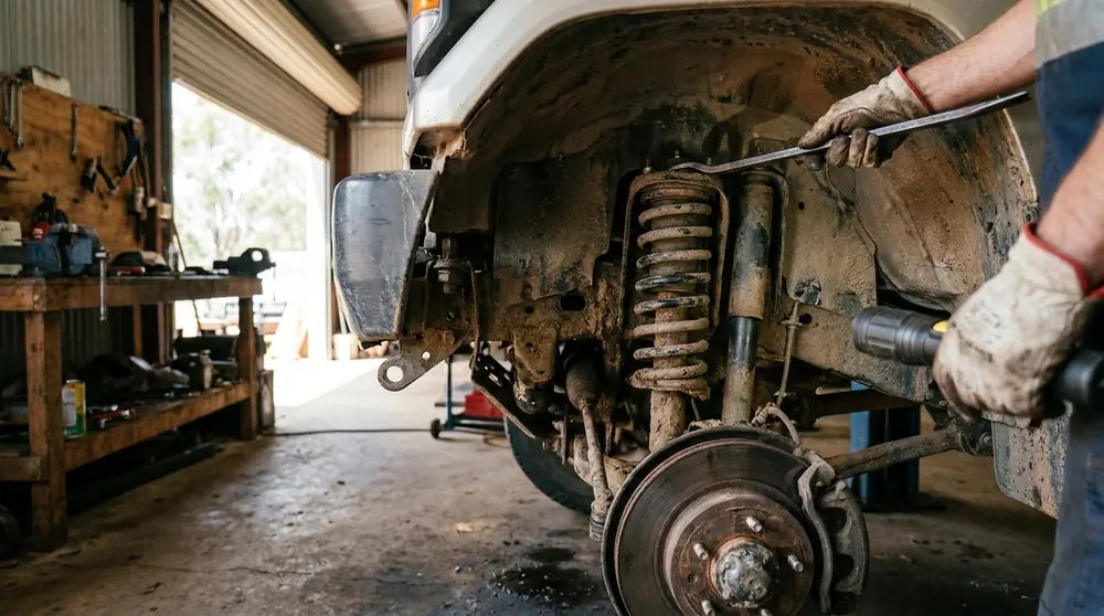 Close-up of an exposed coil spring, strut and brake assembly being inspected by a mechanic.