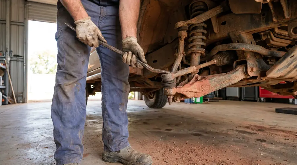 Mechanic checking steering and suspension linkage with a pry bar beneath a vehicle.
